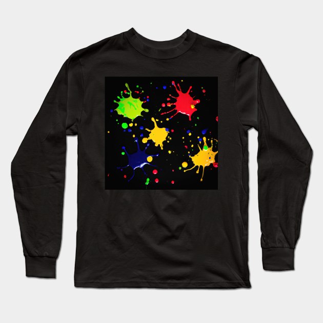 Bright coloured paint splats on a black background Long Sleeve T-Shirt by Russell102